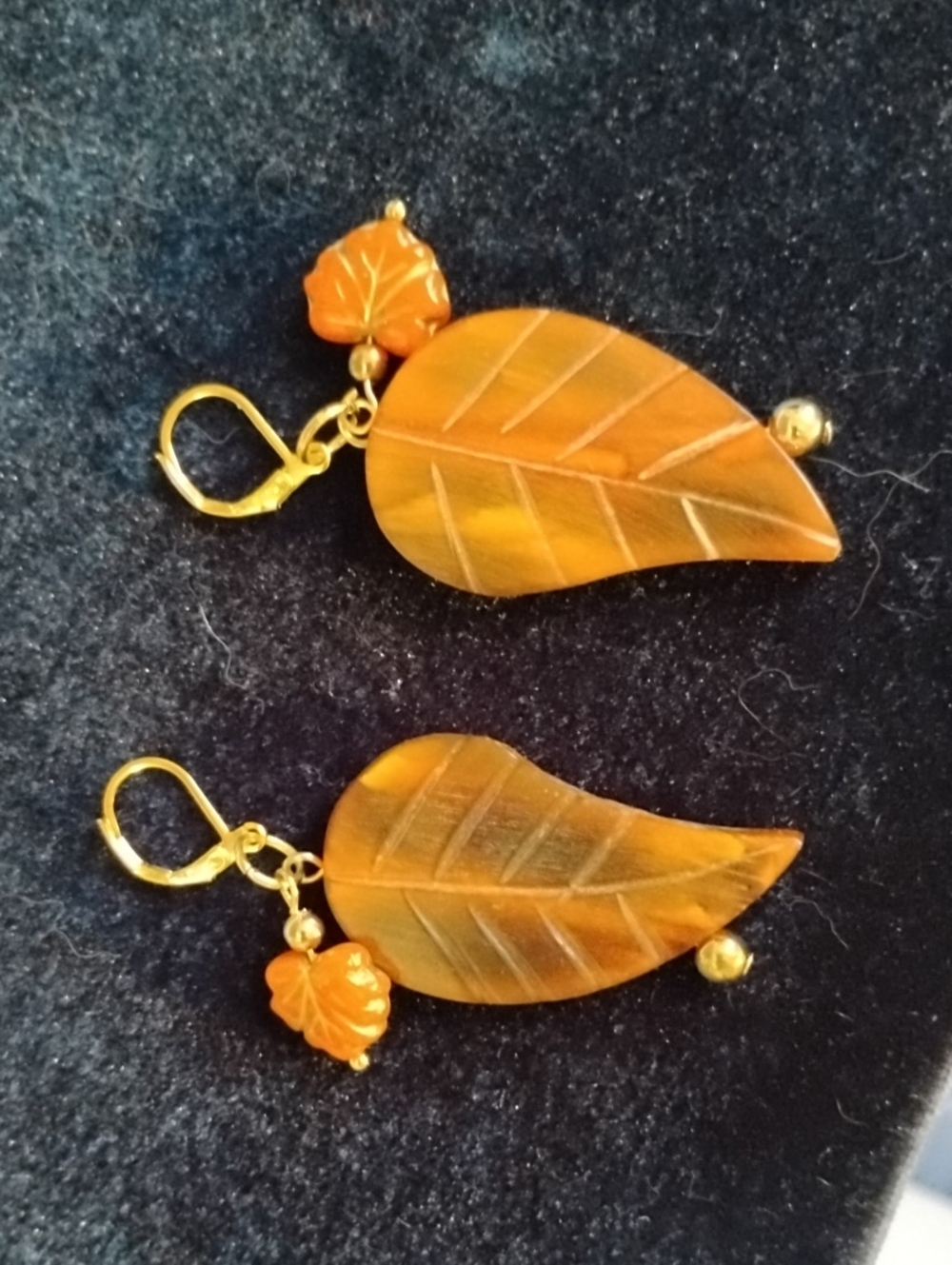 Handcrafted Amber colored Leaf Drop Earrings With Czech Glass Accents
